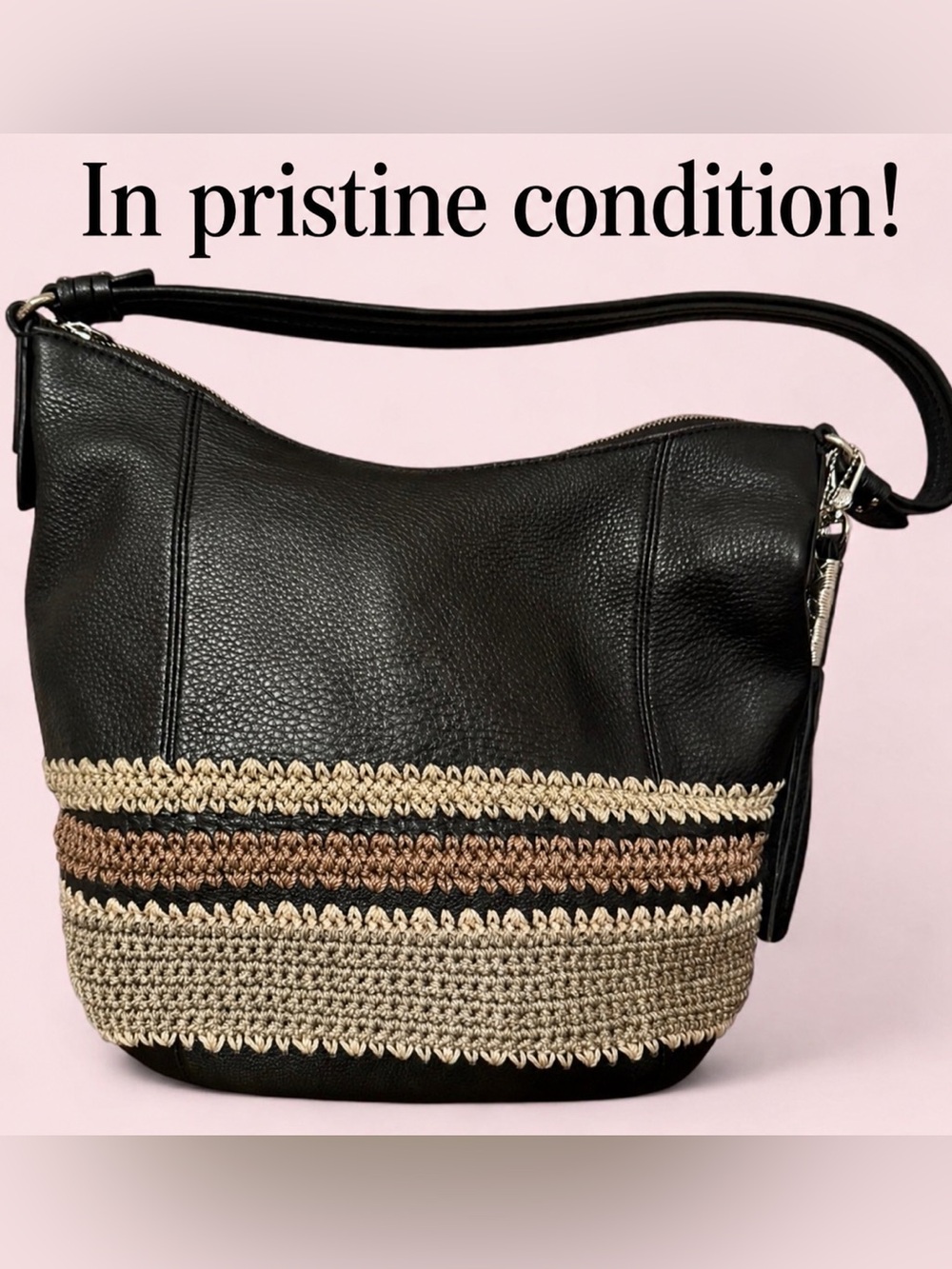The Sak Seminyak Hobo in Black Leather w/Suede Tassel Bag Charm w/Silver Casing